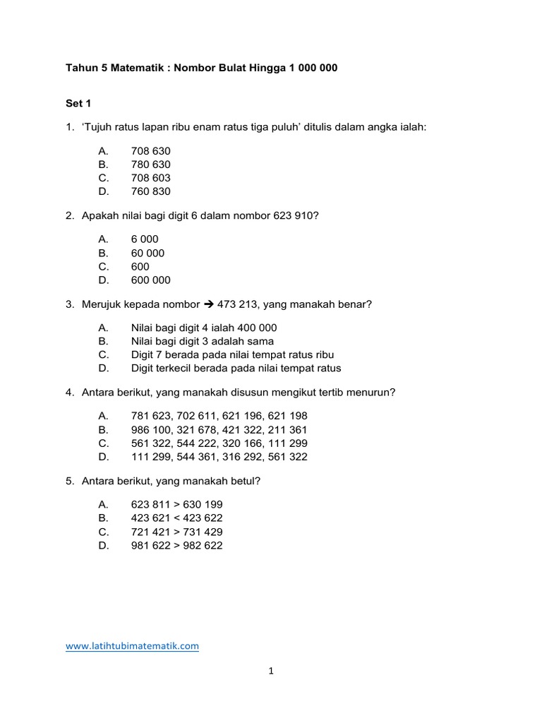 Tahun 5 Nombor Bulat Hingga 1000000 Set 1 Pdf Pdf