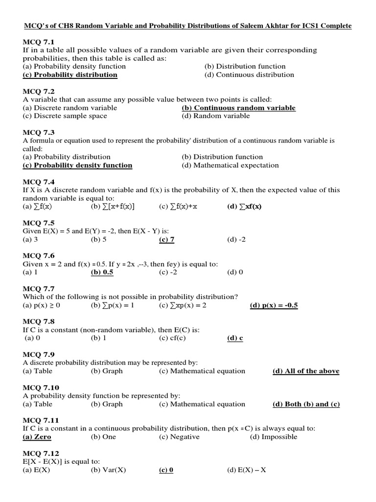 Mcq Random Variable and Probability Distributions Wiht Correct Answers Probability