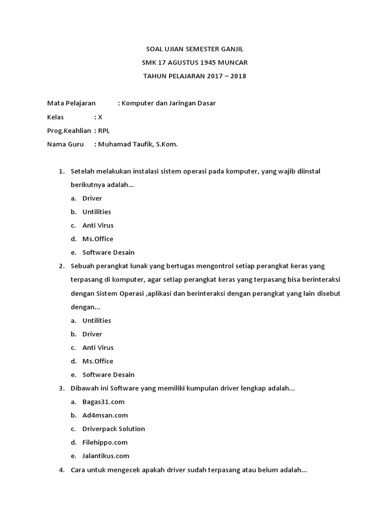 Soal Ujian Semester Ganjil Komputer Dan Jaringan Dasar