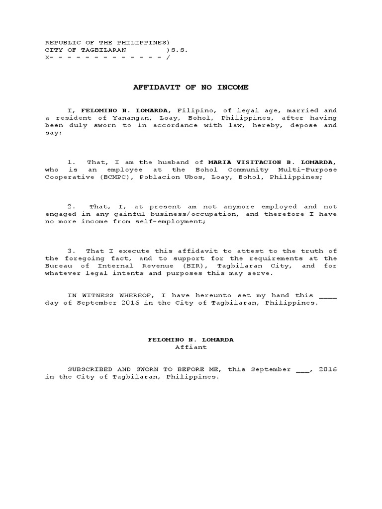 An Affidavit of No Income: Felomino N. Lomarda Attests to Having No ...