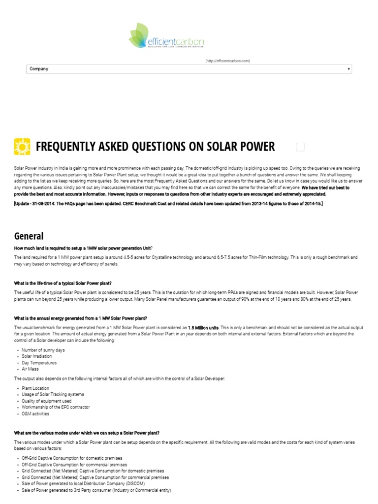 Solar Power Plant Setup - Frequently Asked Questions - EfficientCarbon ...