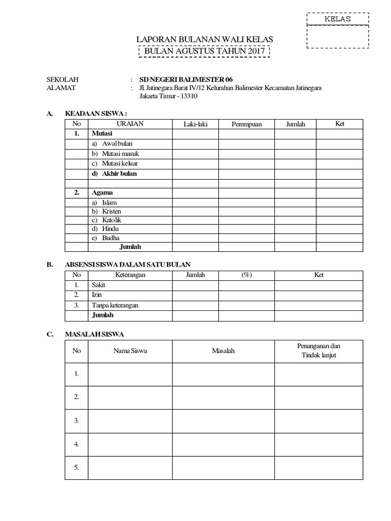 Laporan Bulanan Wali Kelas Pdf