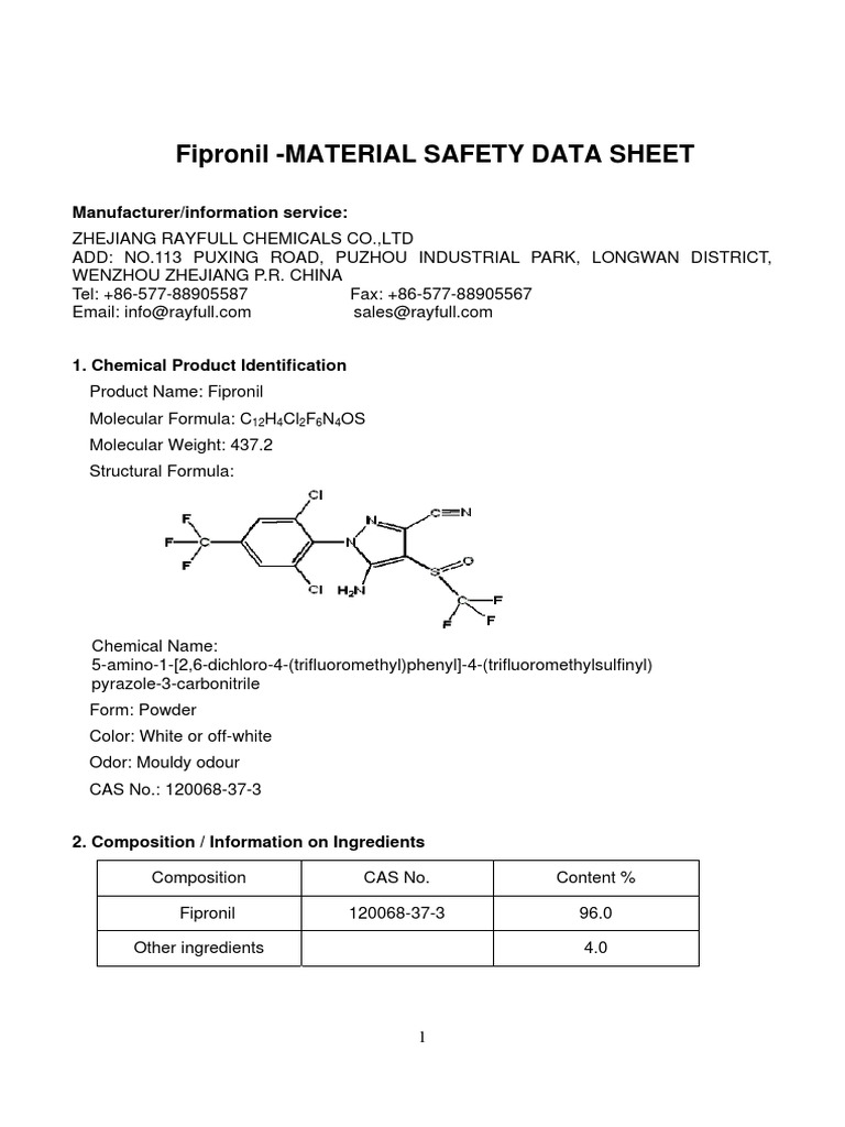 Fipronil Sds PDF Toxicity Firefighting