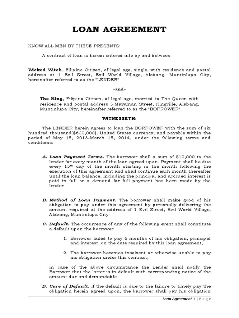 Loan Agreement Sample | PDF | Debtor | Loans