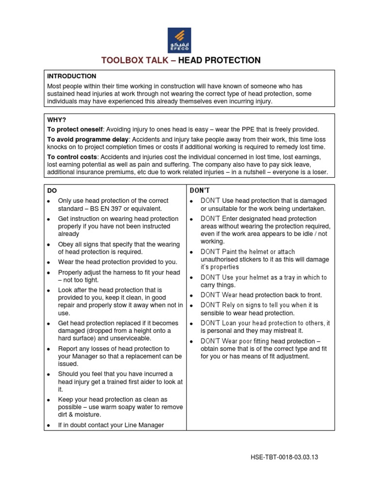 Head Protection Toolbox Talk | PDF | Business