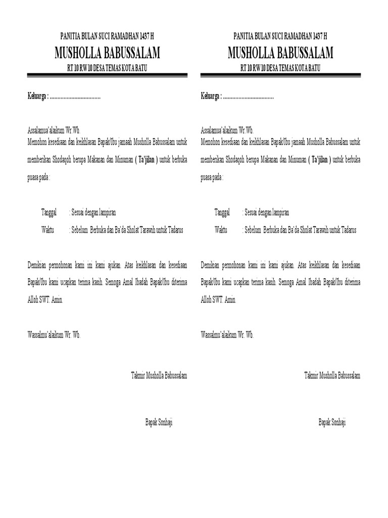 Surat Permohonan Bantuan Makan Takjilan