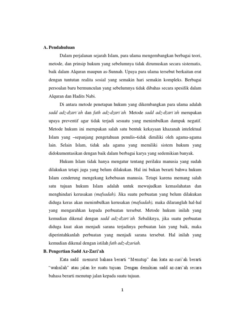 A Pendahuluan Sadd Adz Dzari Ah Dan Fath Adz Dzari Ah Metode Sadd Adz Dzari Ah Merupakan Pdf
