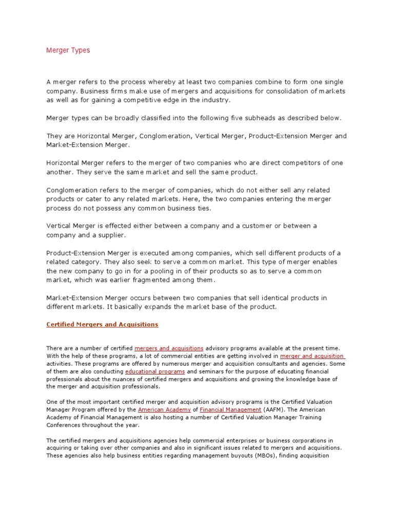 Merger Types: Certified Mergers and Acquisitions | PDF | Economies Of ...