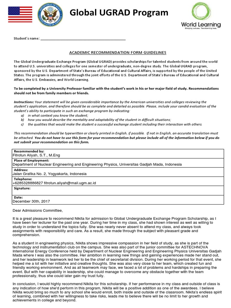 University Sample Recommendation Letter For Student