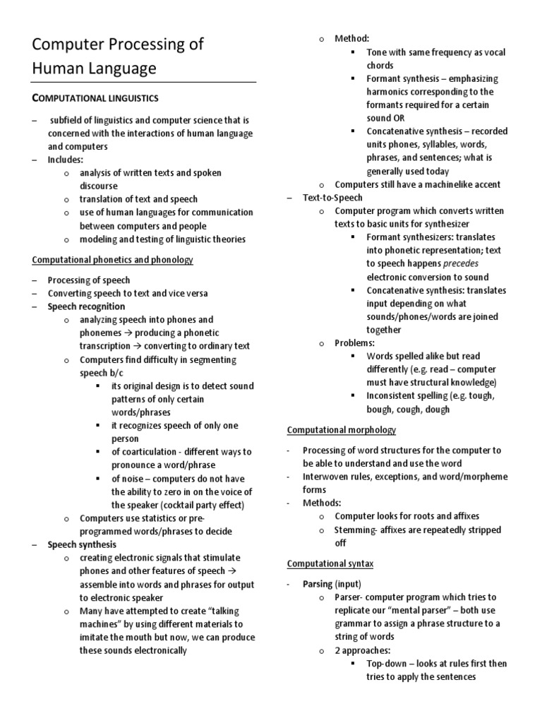 Computer Processing of Human Language | PDF | Parsing | Speech Synthesis