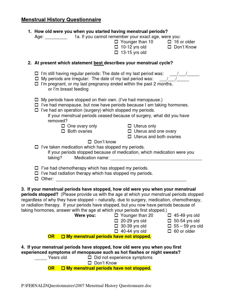 2007 Menstrual History Questionnaire PDF Menstrual Cycle Menopause