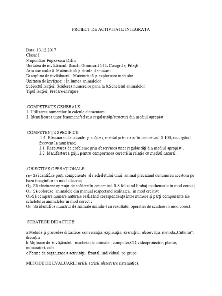 Proiect De Activitate Integrata Scoala