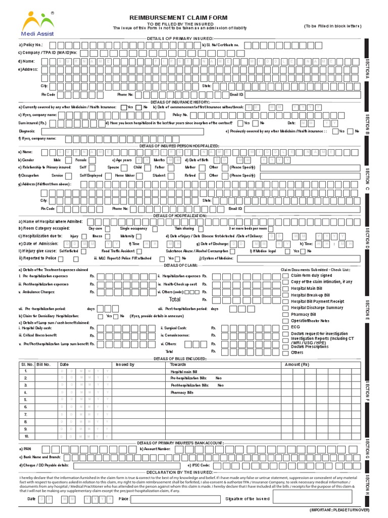 Insurance Mediassist Reimbursement Claim Form Filled Sample