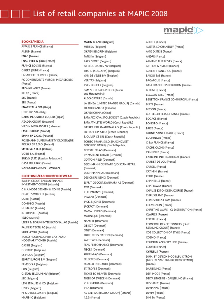 List of Retail Shops PDF Clothing Industry Retail Companies