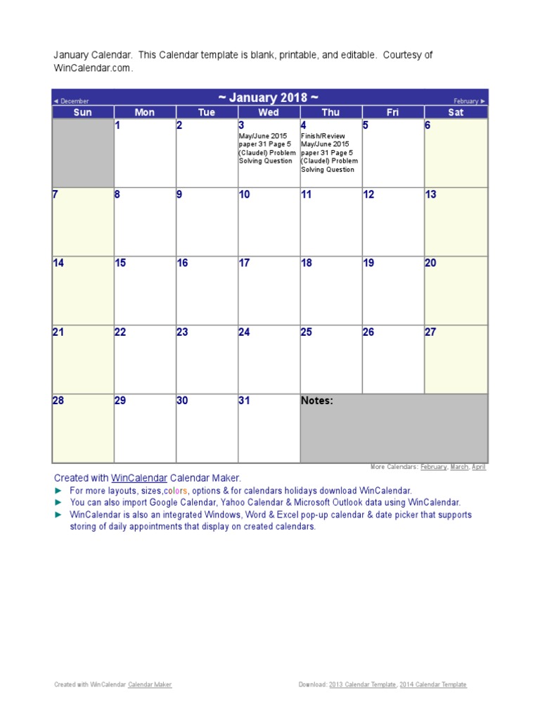 January 2018 Printable Calendar | PDF