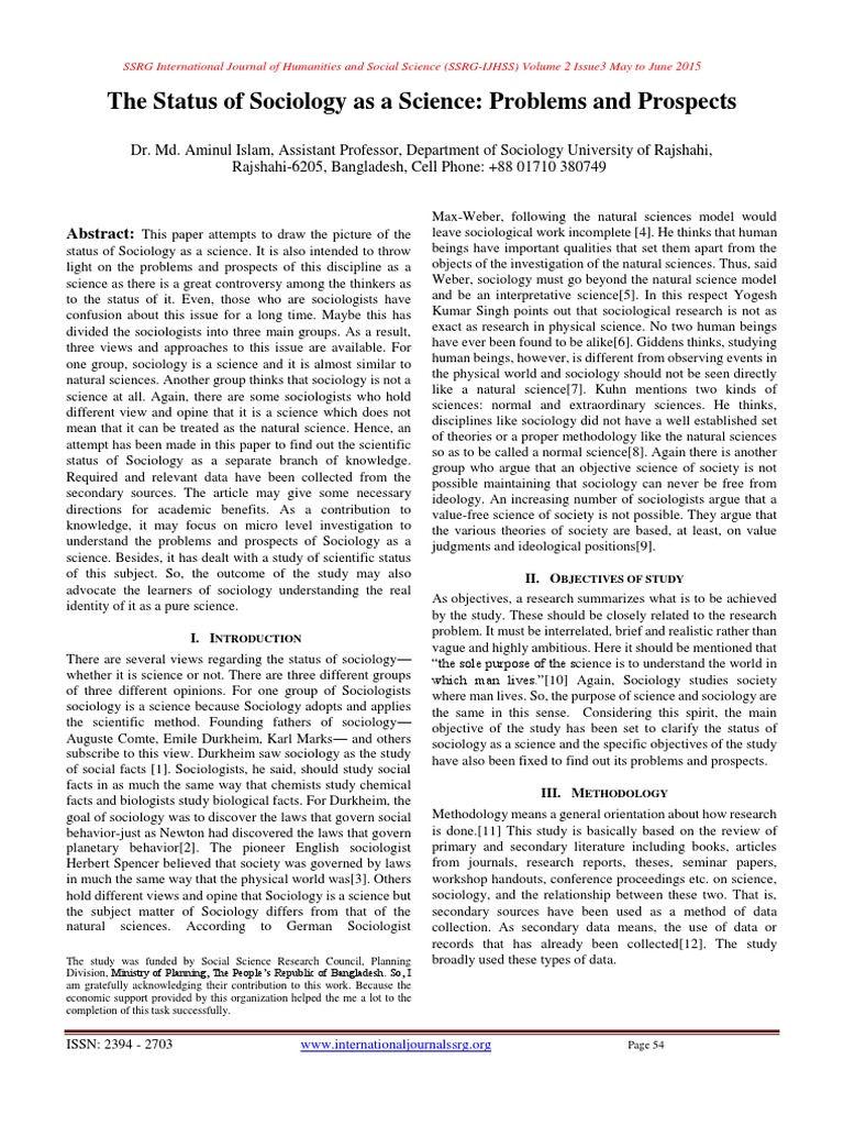 Status of Sociology Sociology Social Sciences