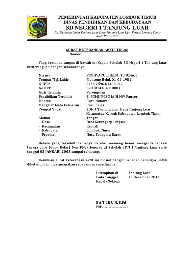 Contoh Surat Keterangan Aktif Mengajar Guru Honorer Nusagates
