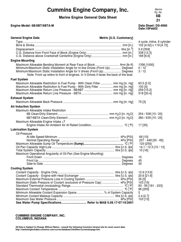 Cummins General Engine Data Sheet 6B, 6BT, 6BTA Coolant Engines
