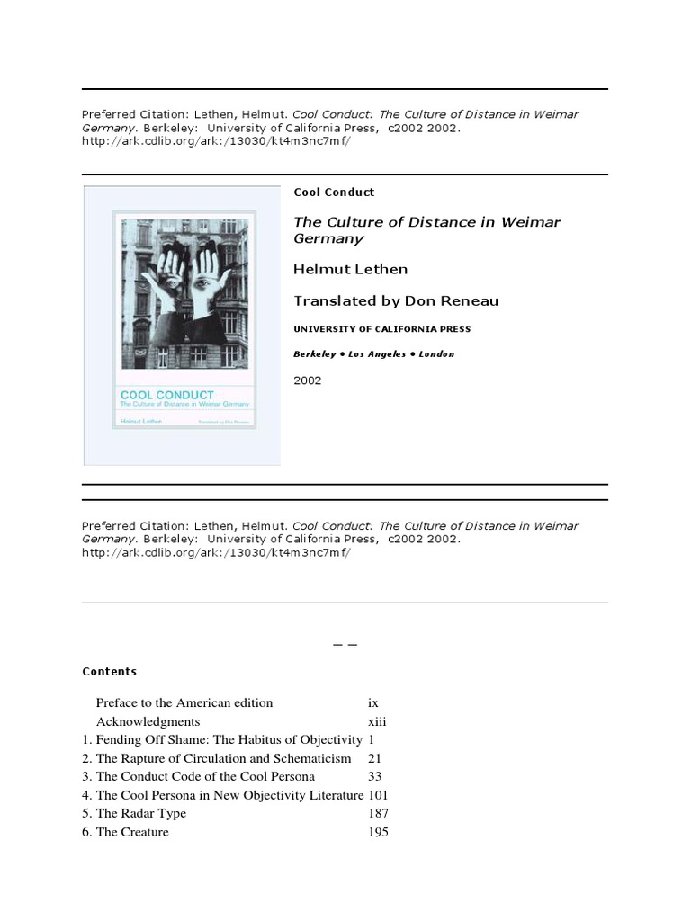 Lethen, Helmut. Cool Conduct The Culture of Distance in Weimar Germany ...