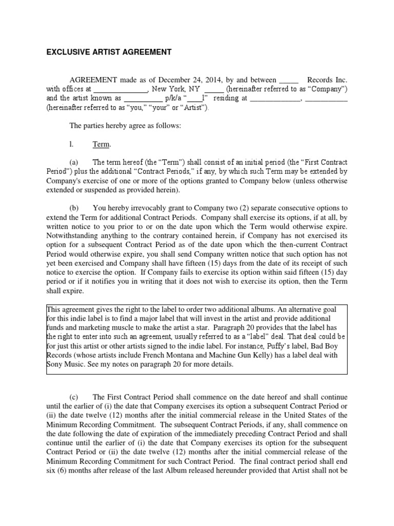 Exclusive Artist Agreement | Royalty Payment | Record Label