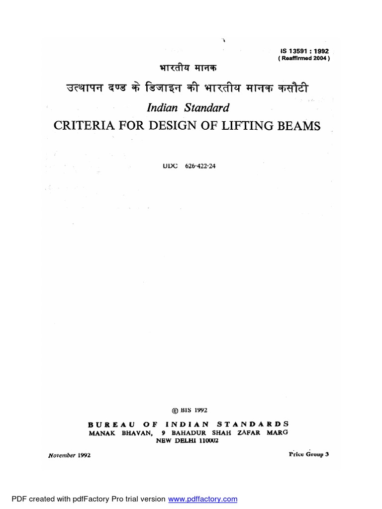 Is 13591 - 1992 Criteria For Design of Lifting Beams | PDF