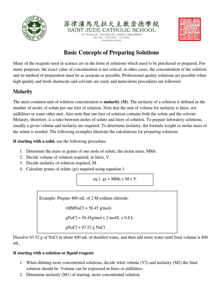 Preparing Laboratory Solutions Guide | PDF | Molar Concentration | Mole ...