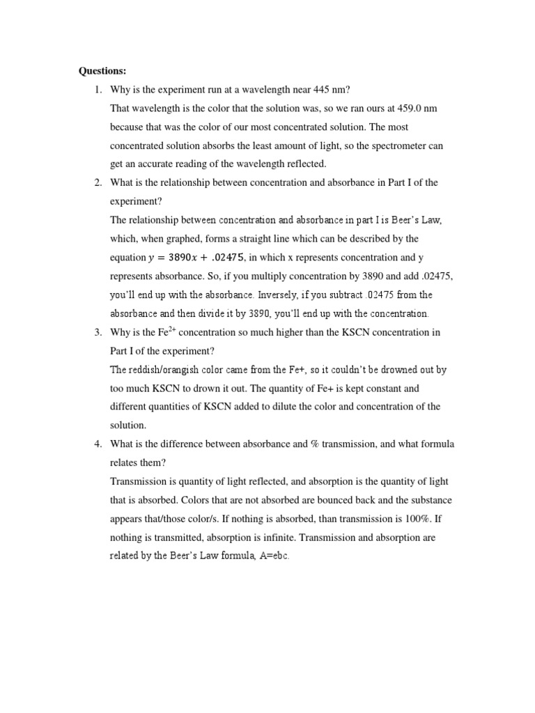 Beer's Law Lab Questions PDF Absorbance Spectrophotometry