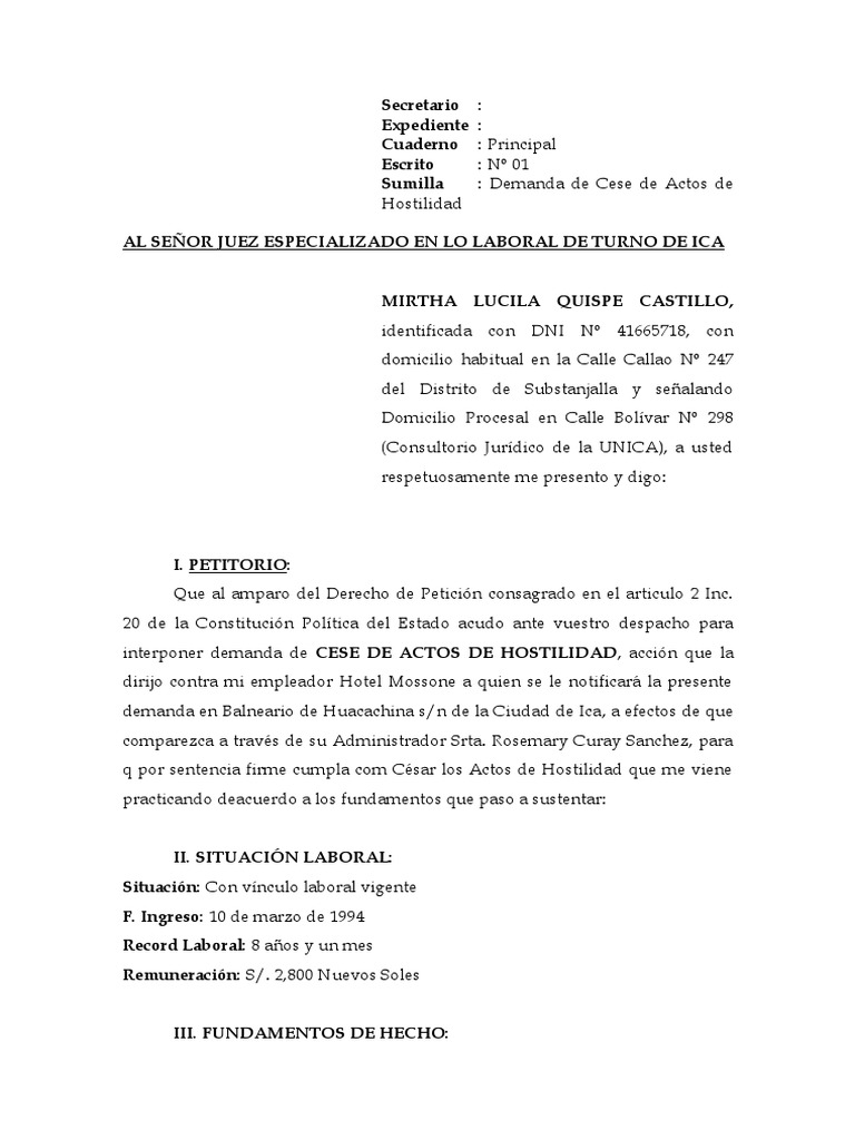 Demanda Laboral Cese De Actos De Hostilidad