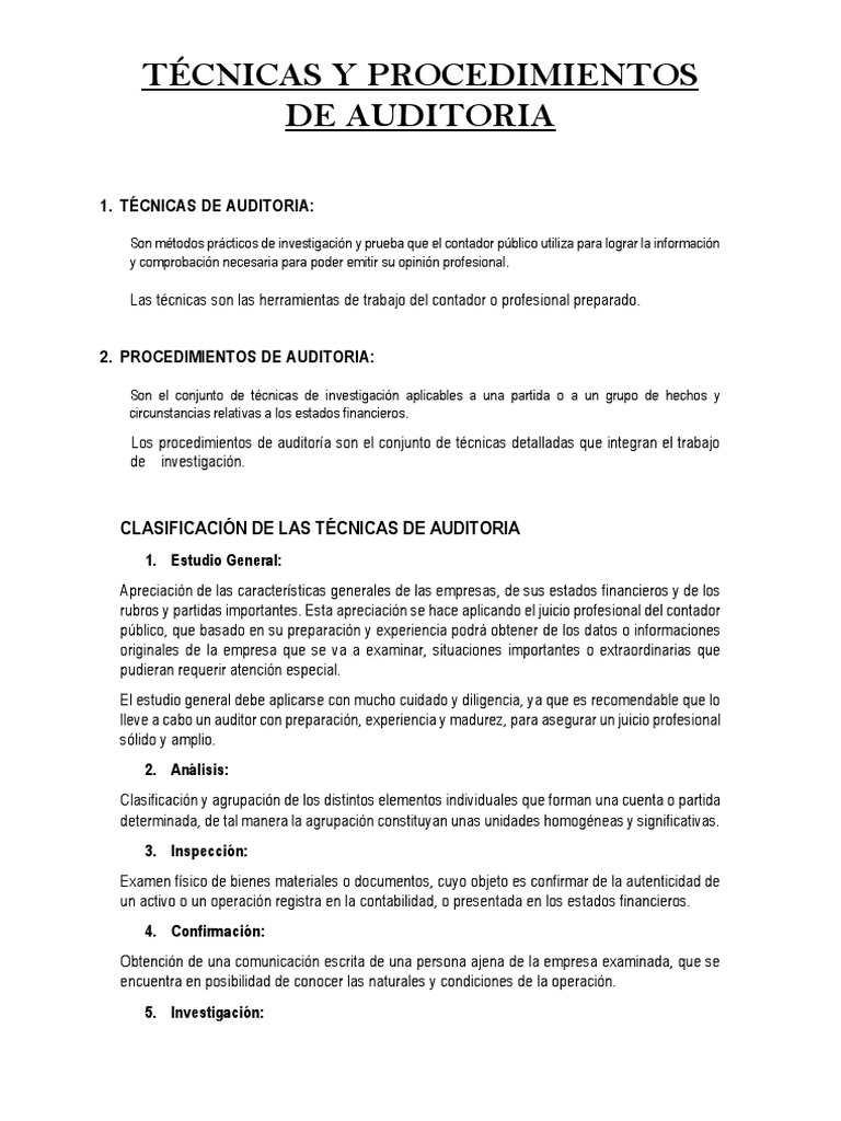 Técnicas y Procedimientos de Auditoria | PDF | Contralor | Contabilidad