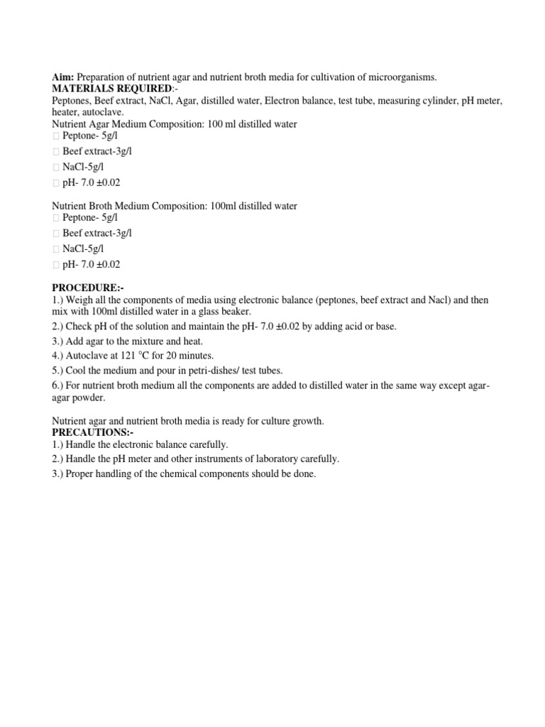 Nutrient Agar and Broth Preparation PDF Growth Medium Agar