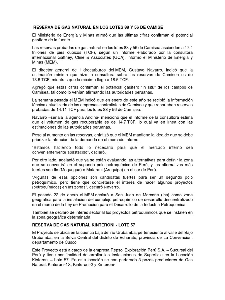 Reserva de Gas Natural en Los Lotes 88 y 56 de Camise | PDF | Petróleo ...