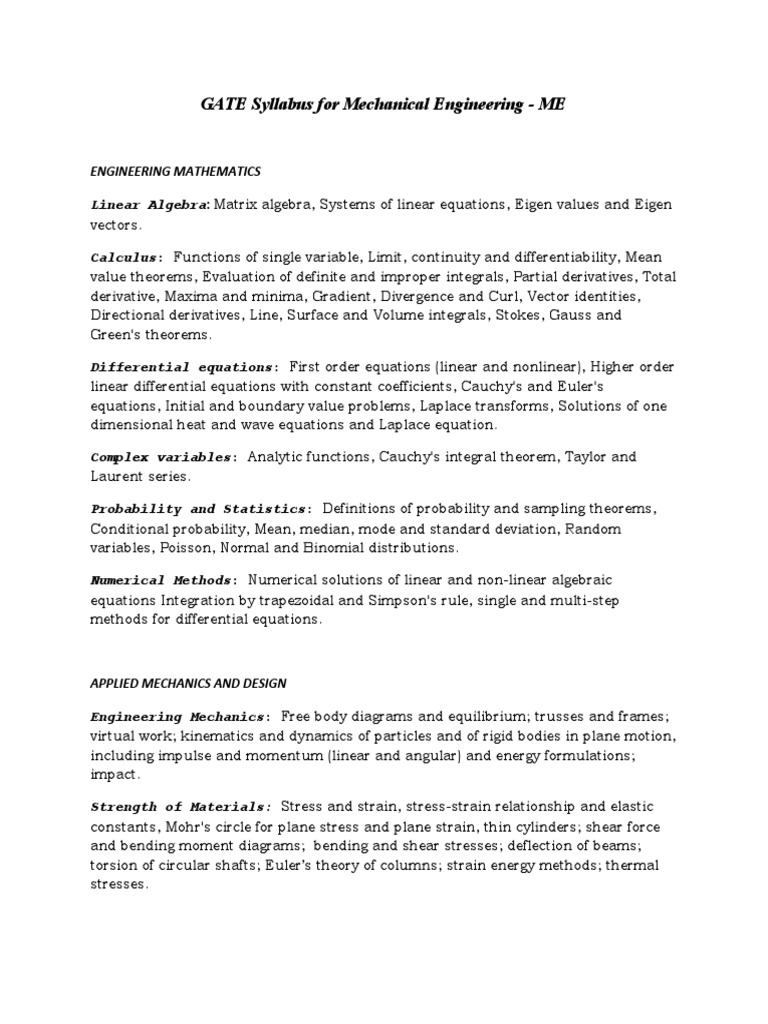 GATE Syllabus For Mechanical Engineering | PDF | Fluid Dynamics | Equations