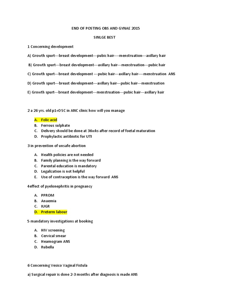 OB/GYN MCQs and Answers 2015 | PDF | Childbirth | Menopause