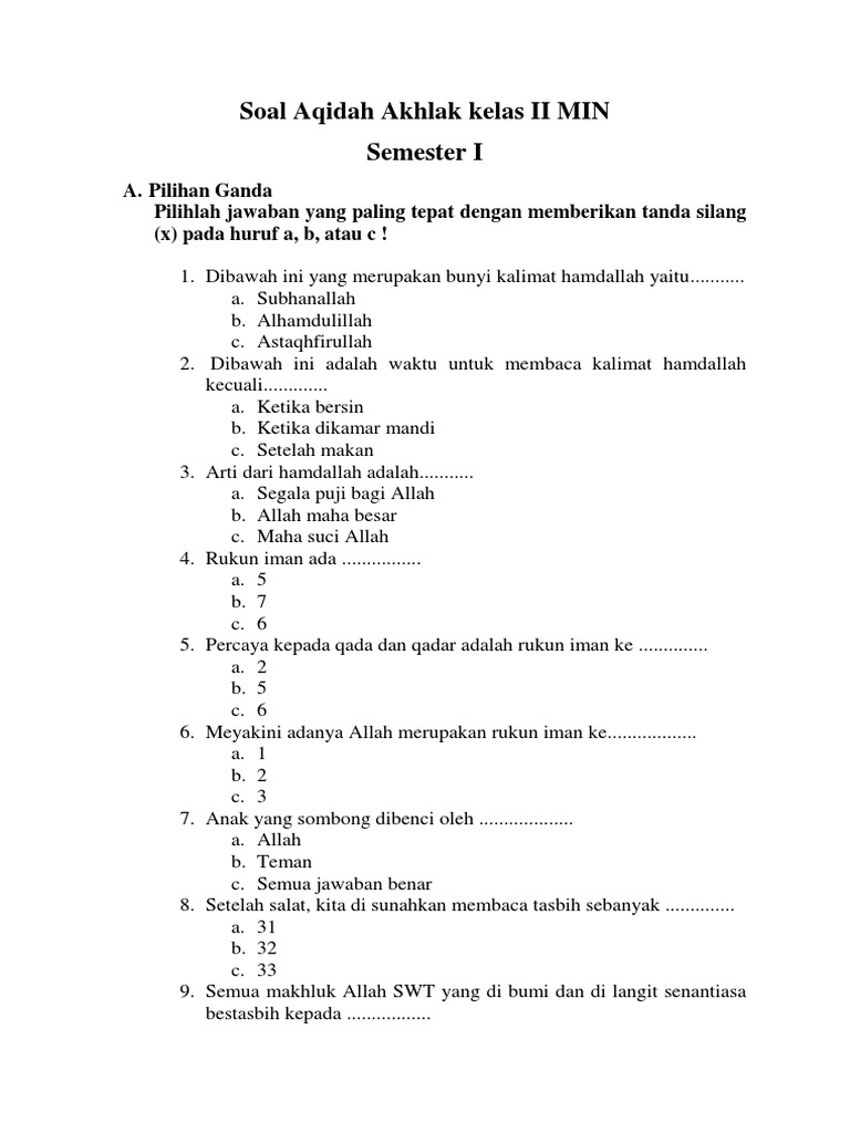 Soal Aqidah Akhlak Kelas Ii Min