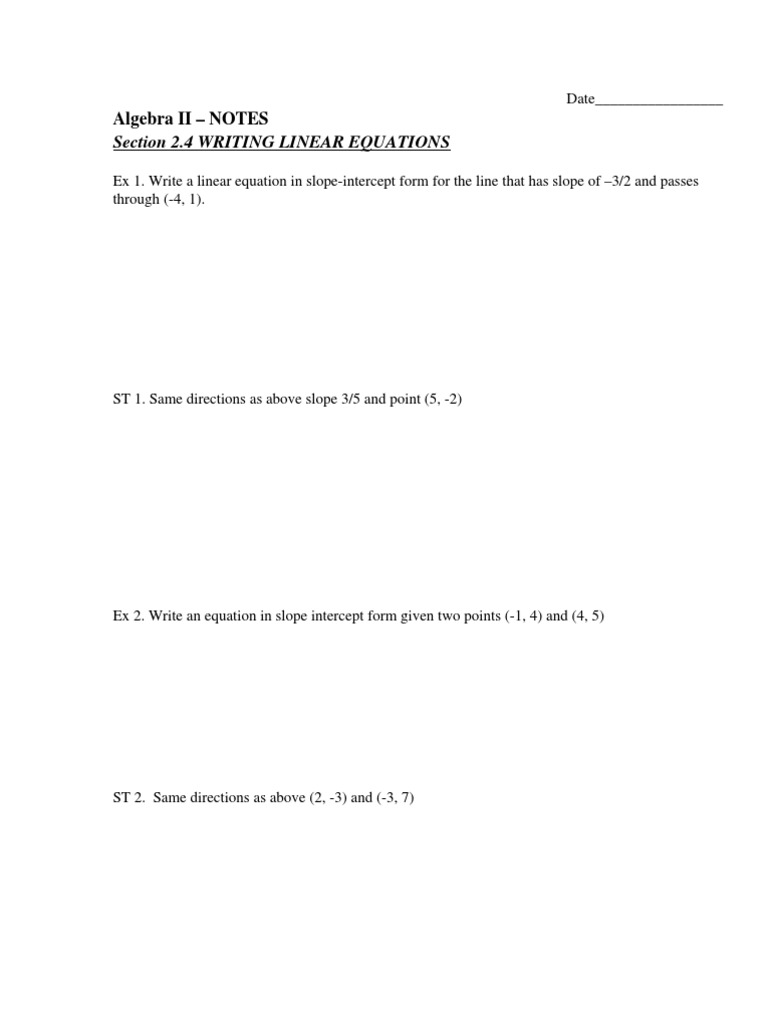 Section 2.4 Writing Linear Equations: Algebra II - NOTES | PDF ...