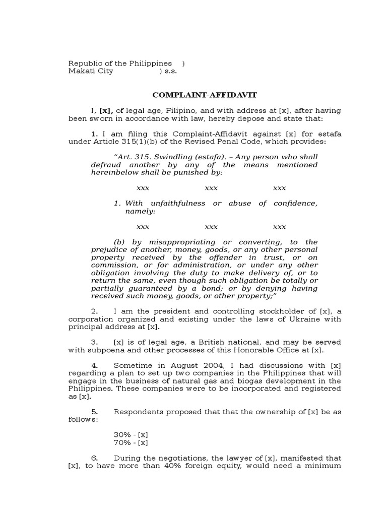 Sample Complaint Affidavit for Estafa Board Of Directors