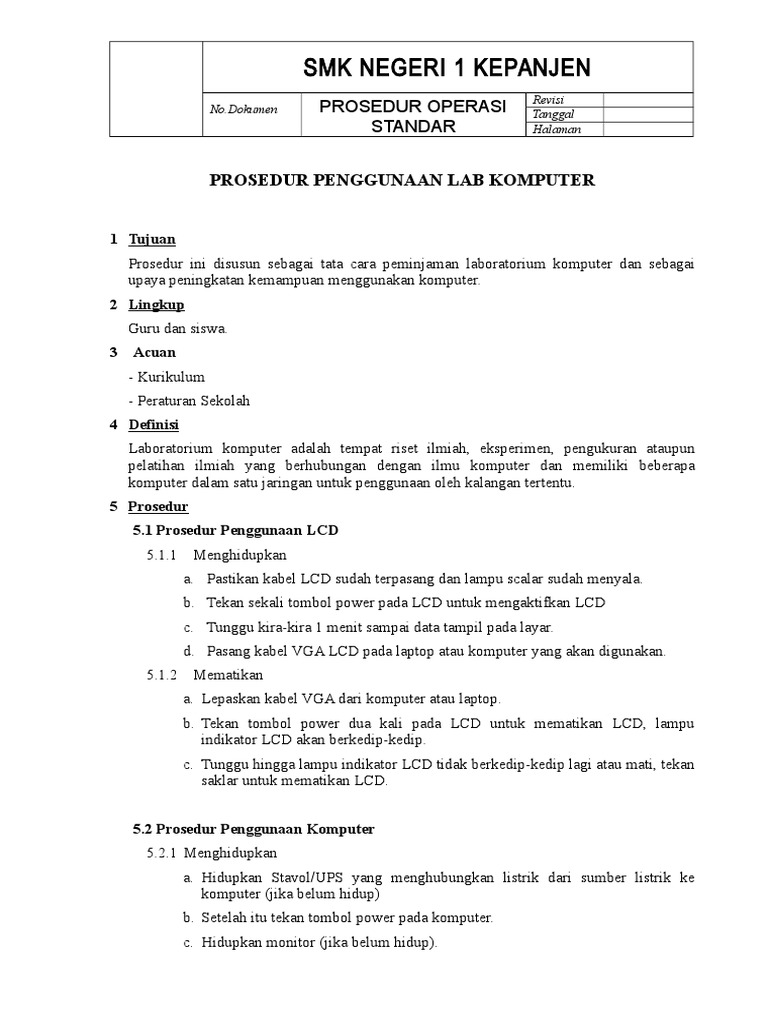SOP Penggunaan Laboratorium Komputer PDF