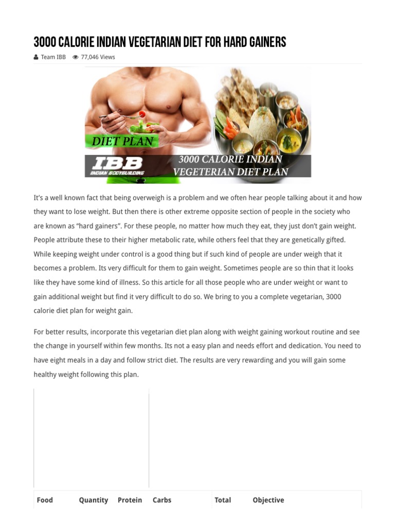 3000 Calorie Veg Diet for Hard Gainers | PDF | Dieting | Dietary Fiber