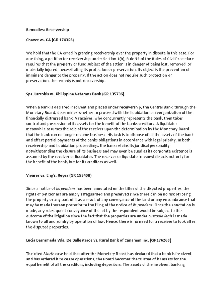 Analysis of Key Cases on Receivership, Lis Pendens, Primary