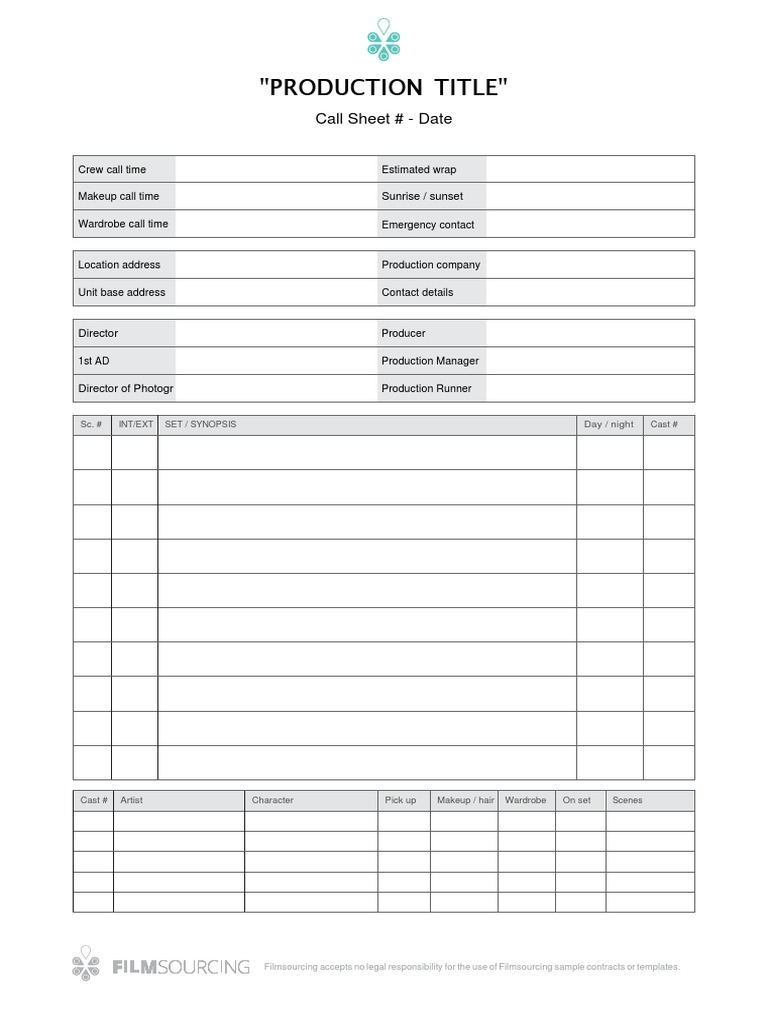 "Production Title": Call Sheet # - Date | PDF