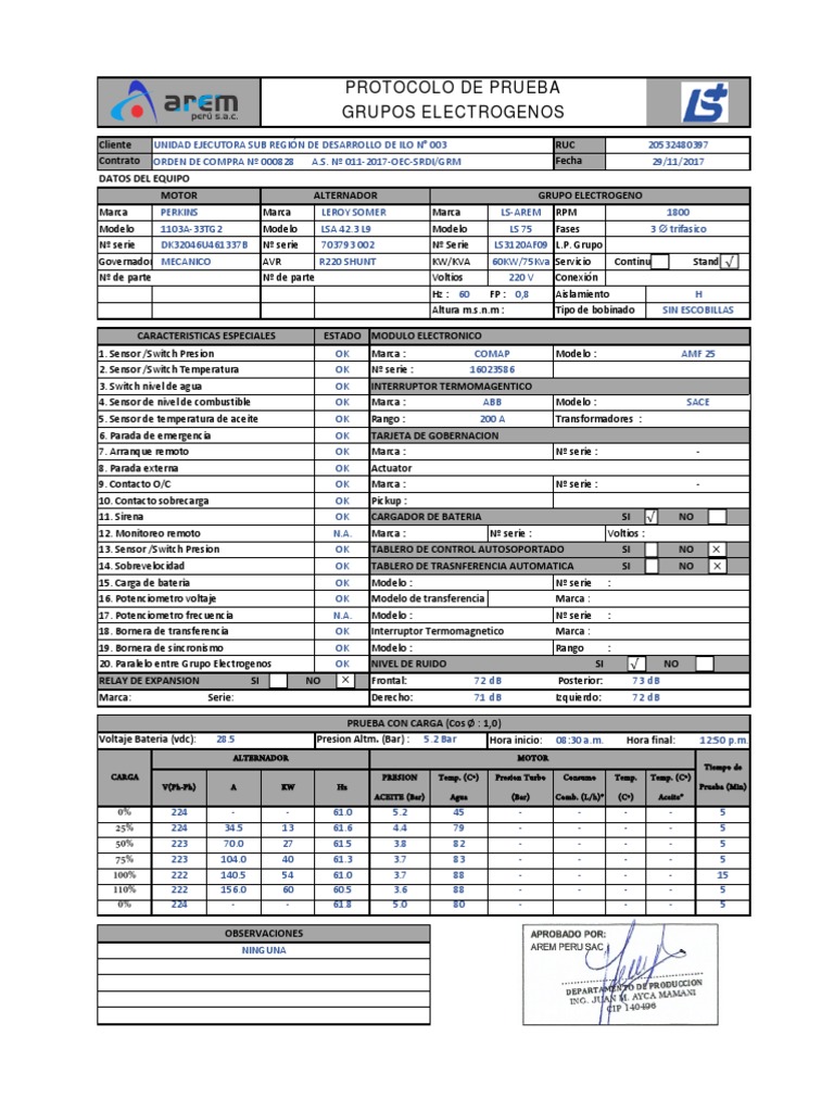 Protocolo de prueba grupos electrogenos 60KW | PDF