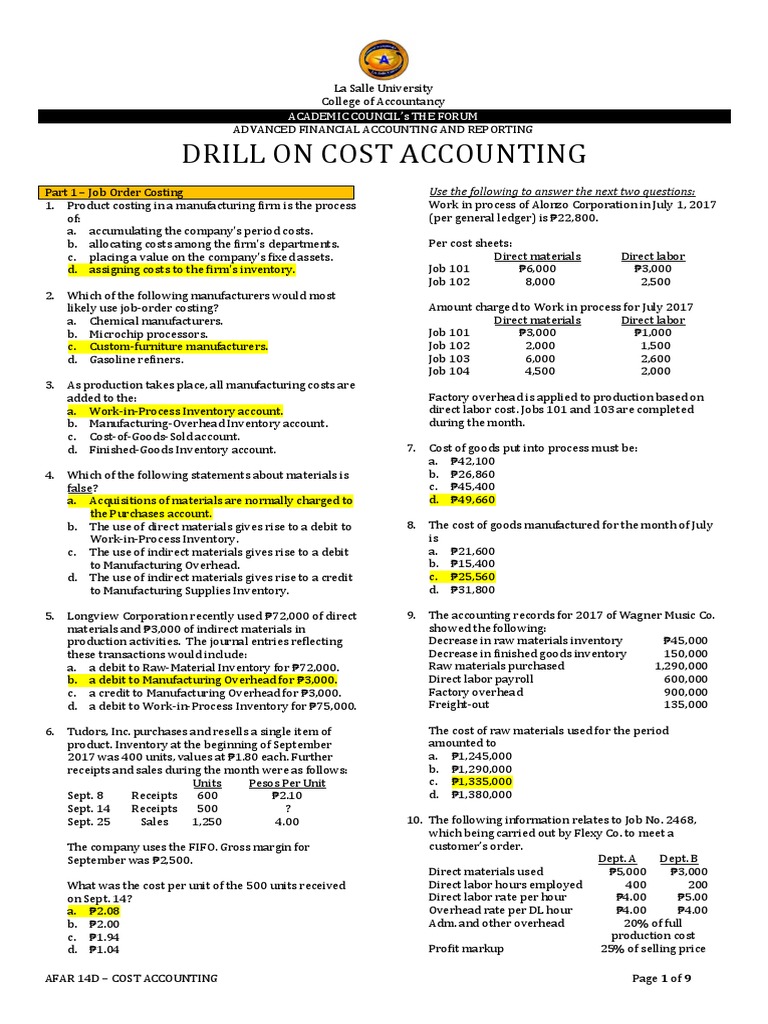 AFAR 14D Cost Accounting (Job Order, Process Costing, JIT