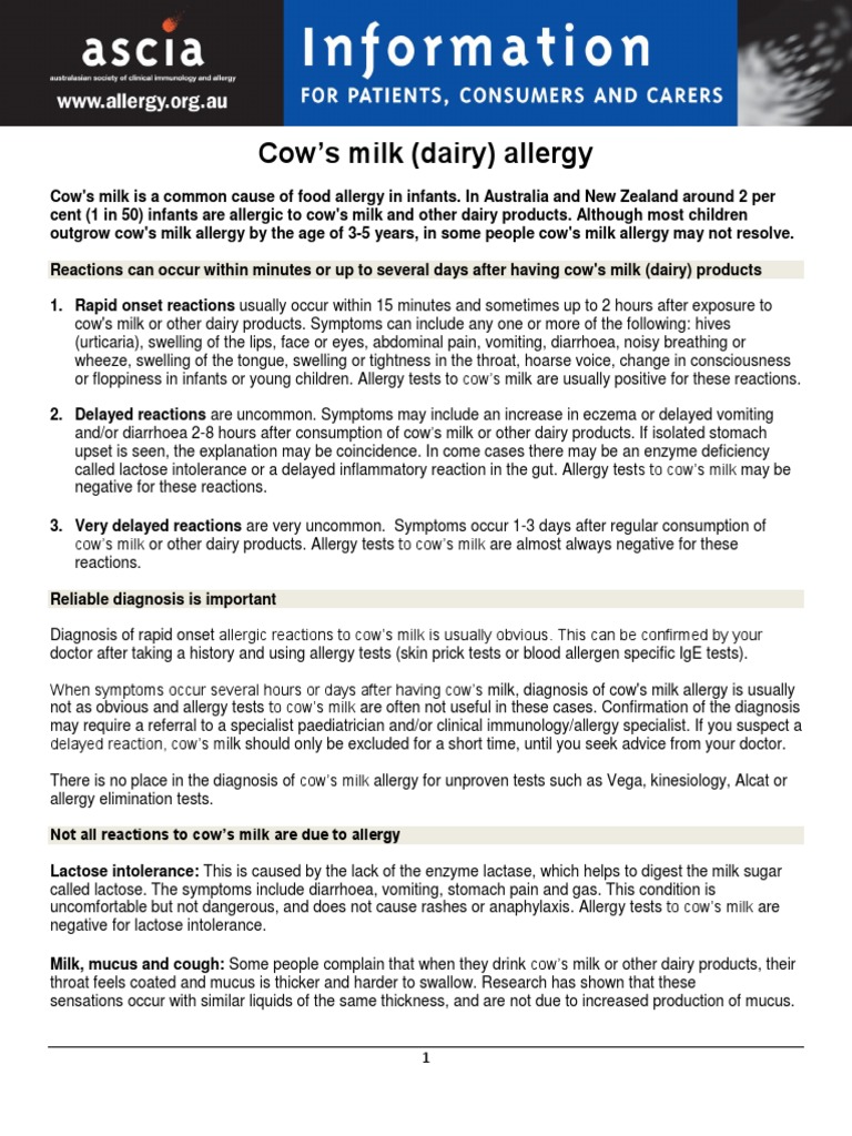 ASCIA PCC Cows Milk Dairy Allergy 2017 Allergy Food Intolerance