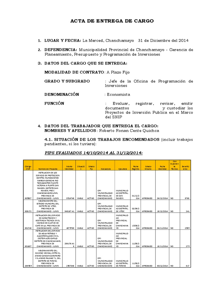 Acta de Entrega de Cargo Municipal | PDF | Equipo de oficina | Business