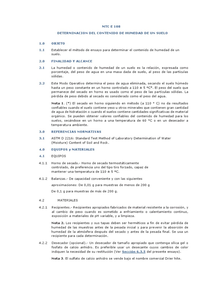 Método MTC E 108 para Humedad en Suelos | PDF | Humedad | Temperatura