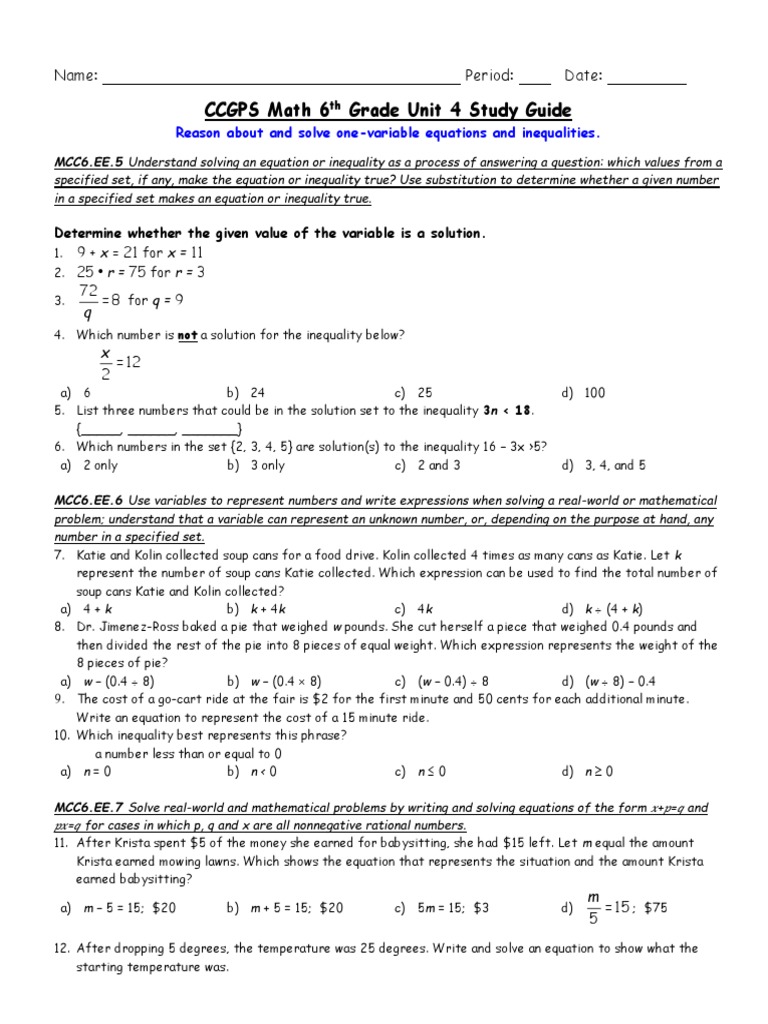 CCGPS Math 6 Grade Unit 4 Study Guide: Name: Period: Date | PDF ...