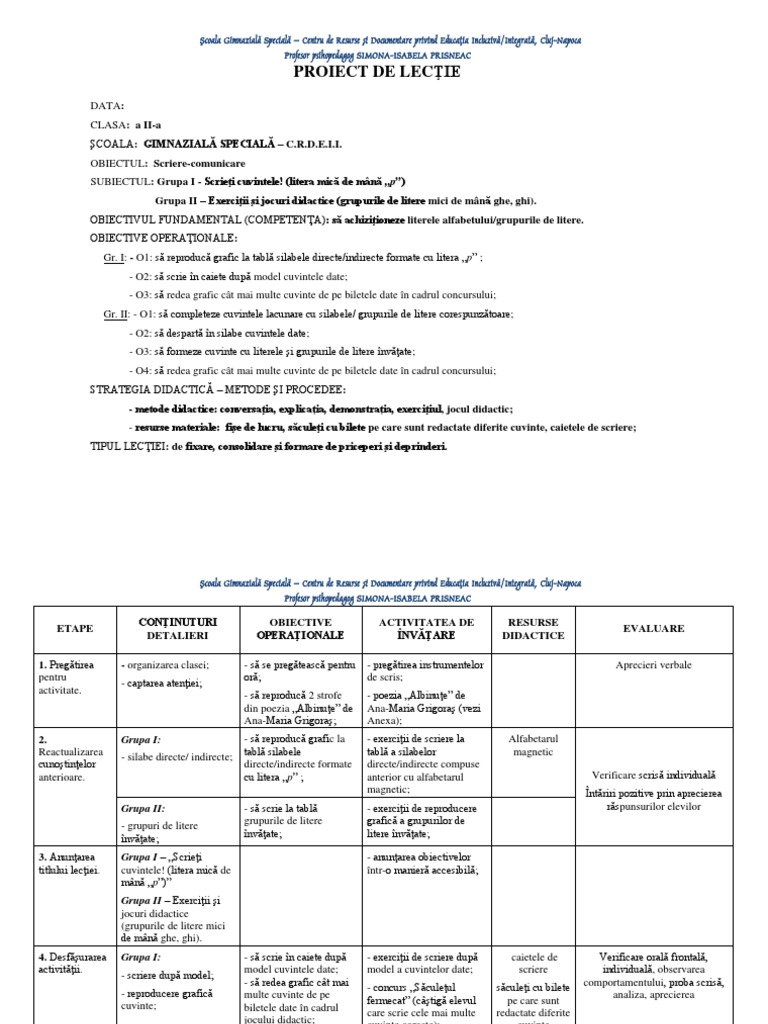 Plan de Lectie Scriere Model | PDF