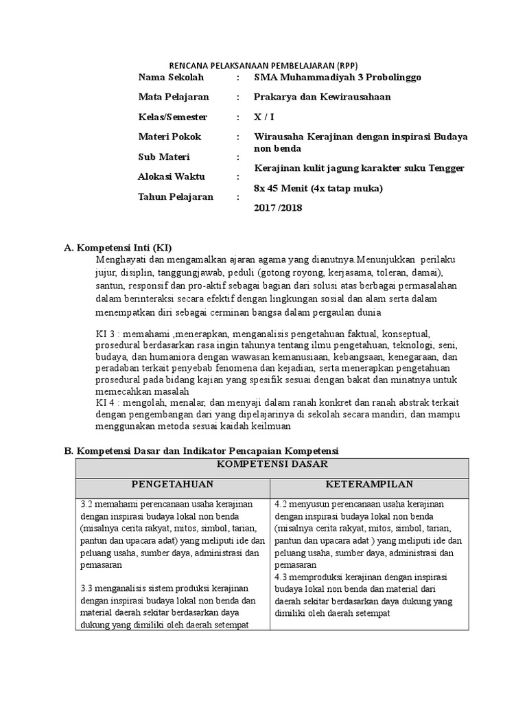 Rpp Dan Aspek Kerajinan Non Benda