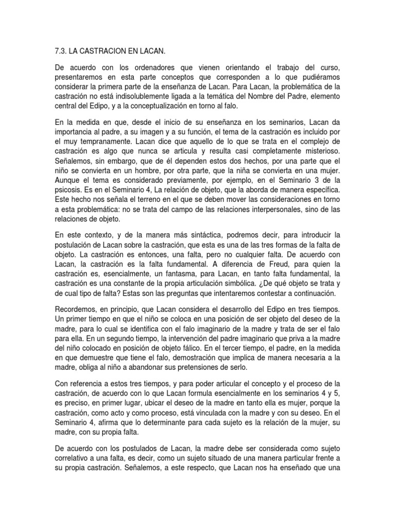 La Castración Simbólica en Lacan | PDF | Jacques Lacan | Complejo de Edipo