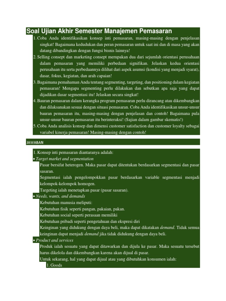 Soal Ujian Akhir Semester Manajemen Pemasaran
